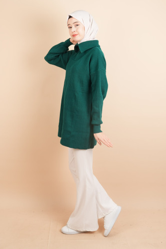 Yarım Fermuarlı Fitilli Tunik Kazak Zümrüt - 3
