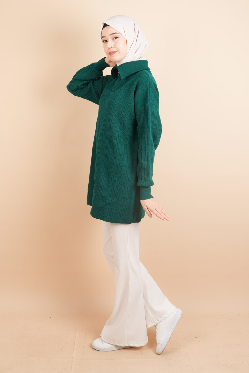 Yarım Fermuarlı Fitilli Tunik Kazak Zümrüt - 3