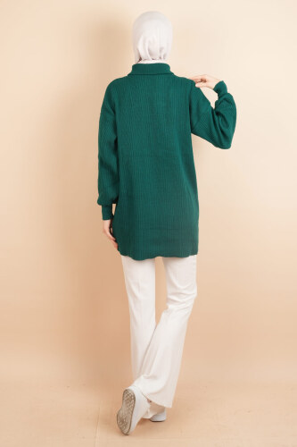 Yarım Fermuarlı Fitilli Tunik Kazak Zümrüt - 4