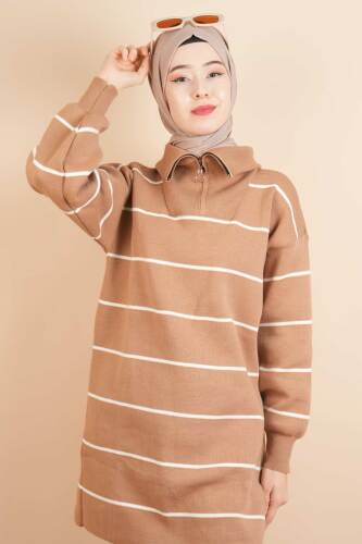 Yarım Fermuarlı Kalın Aralıklı Çizgili Tunik Kazak Bej - 03Kız Kulesi Teks