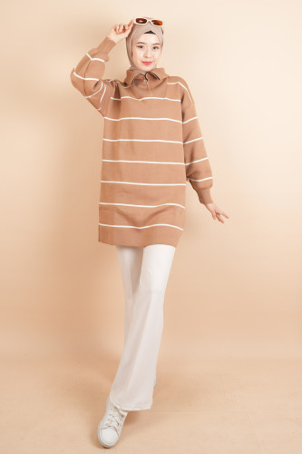 Yarım Fermuarlı Kalın Aralıklı Çizgili Tunik Kazak Bej - 03Kız Kulesi Teks (1)