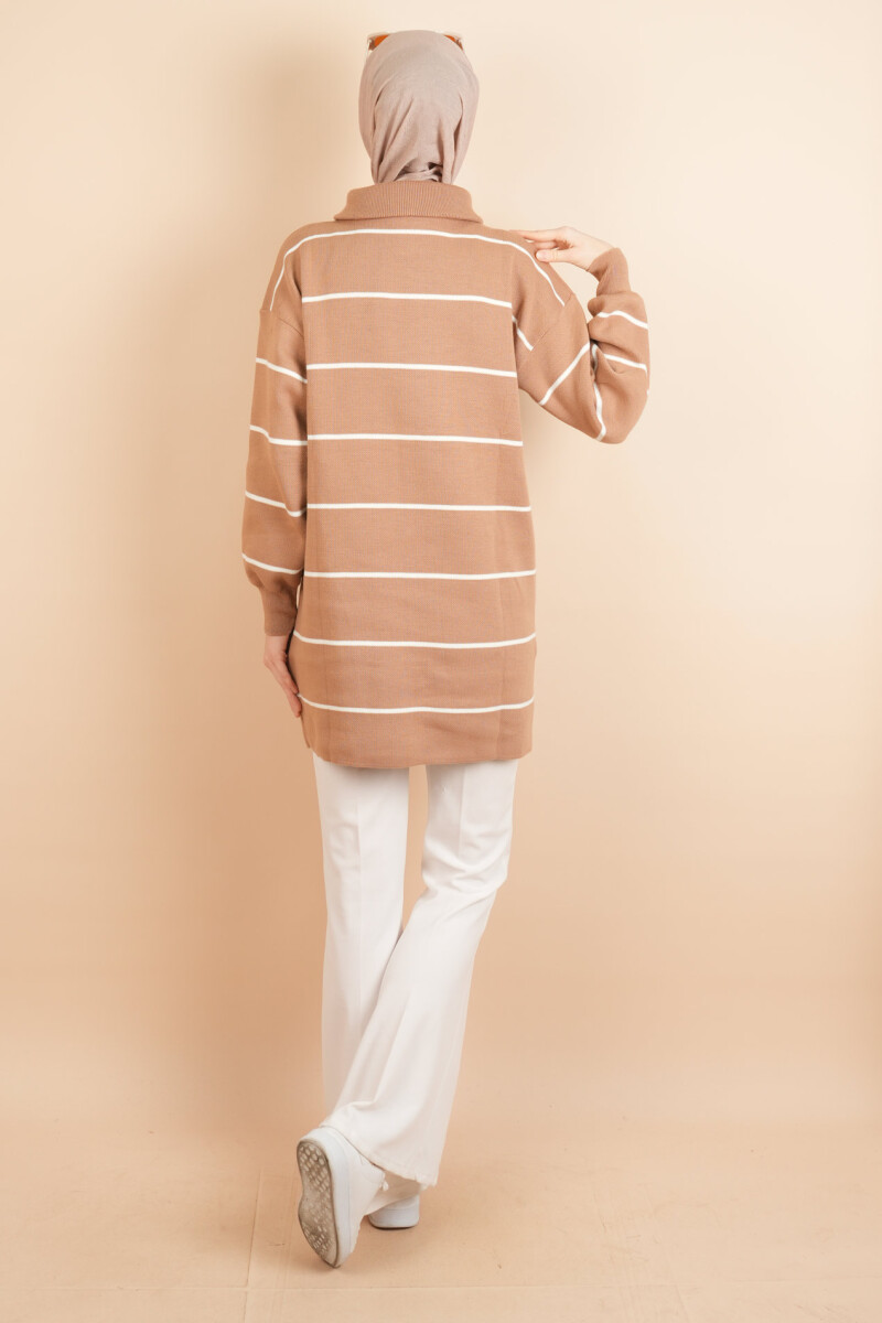 Yarım Fermuarlı Kalın Aralıklı Çizgili Tunik Kazak Bej - 3