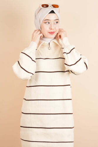 Yarım Fermuarlı Kalın Aralıklı Çizgili Tunik Kazak Krem 