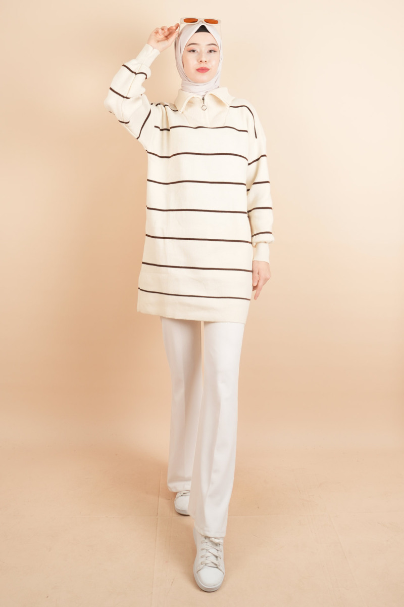 Yarım Fermuarlı Kalın Aralıklı Çizgili Tunik Kazak Krem - 2