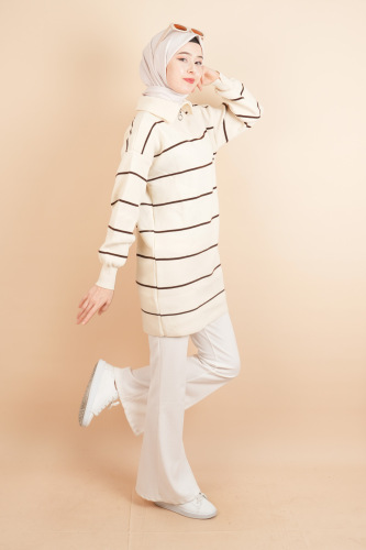 Yarım Fermuarlı Kalın Aralıklı Çizgili Tunik Kazak Krem - 3