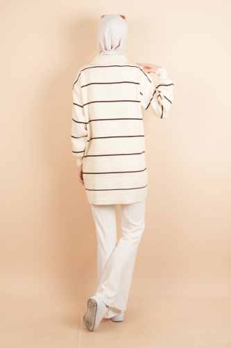 Yarım Fermuarlı Kalın Aralıklı Çizgili Tunik Kazak Krem - 4