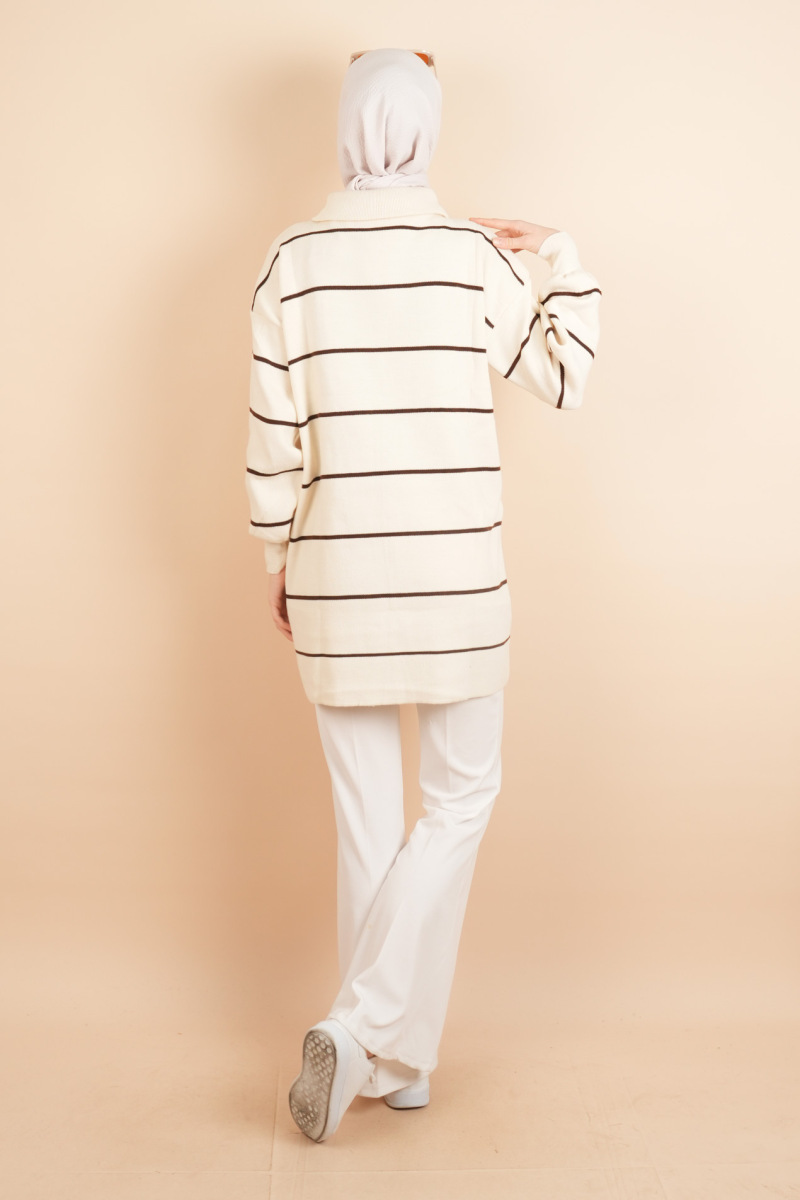 Yarım Fermuarlı Kalın Aralıklı Çizgili Tunik Kazak Krem - 4