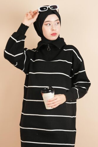 Yarım Fermuarlı Kalın Aralıklı Çizgili Tunik Kazak Siyah 