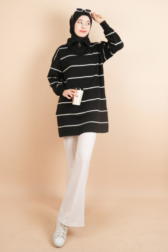 Yarım Fermuarlı Kalın Aralıklı Çizgili Tunik Kazak Siyah - 03Kız Kulesi Teks (1)