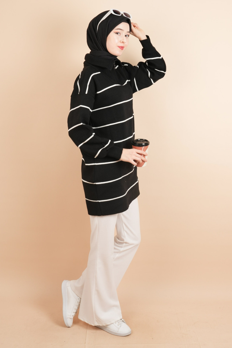 Yarım Fermuarlı Kalın Aralıklı Çizgili Tunik Kazak Siyah - 3