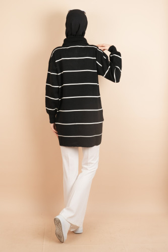 Yarım Fermuarlı Kalın Aralıklı Çizgili Tunik Kazak Siyah - 4