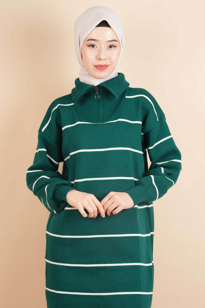 Yarım Fermuarlı Kalın Aralıklı Çizgili Tunik Kazak Zümrüt - 1