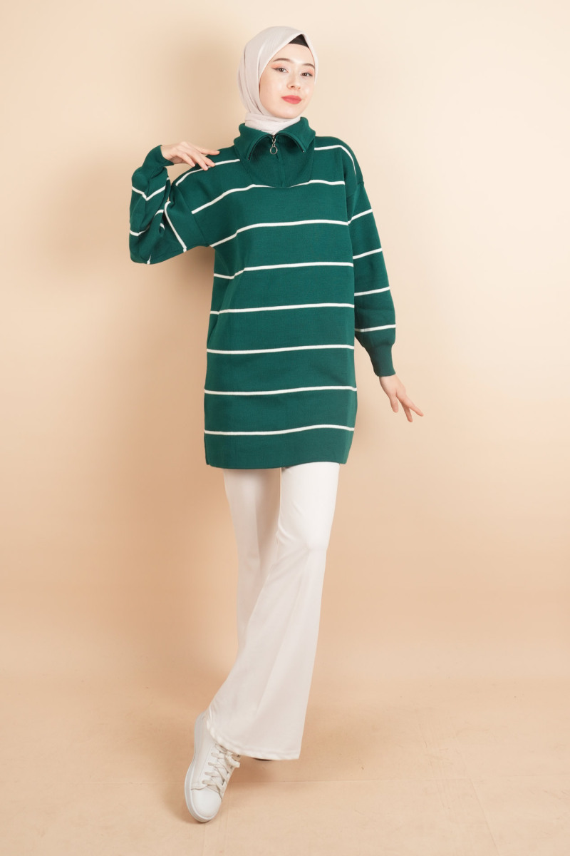 Yarım Fermuarlı Kalın Aralıklı Çizgili Tunik Kazak Zümrüt - 2