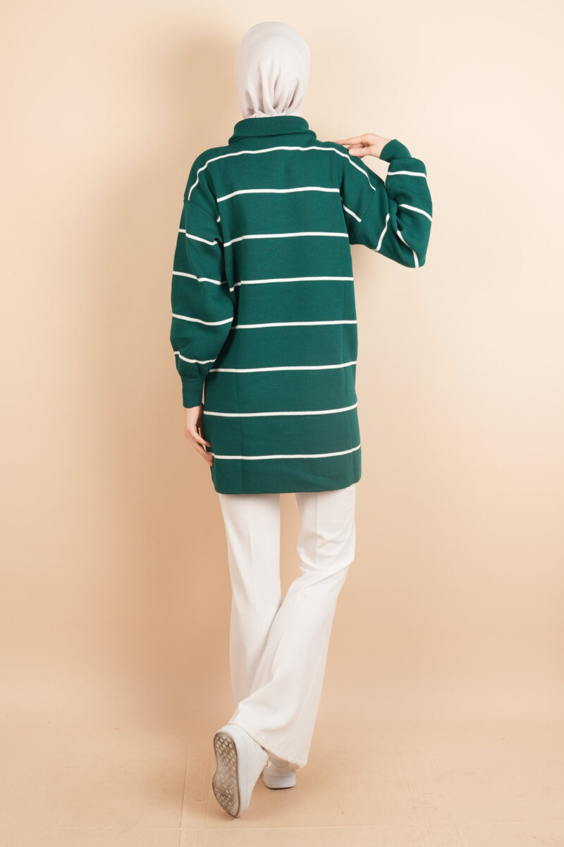 Yarım Fermuarlı Kalın Aralıklı Çizgili Tunik Kazak Zümrüt - 4