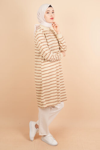 Yarım Fermuarlı Sweat Uzun Tesettür Çizgili Sweat Açık Kahve - 03Kız Kulesi Teks (1)
