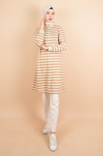 Yarım Fermuarlı Sweat Uzun Tesettür Çizgili Sweat Açık Kahve - 03Kız Kulesi Teks