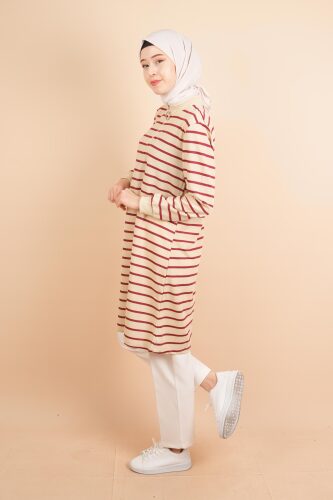 Yarım Fermuarlı Sweat Uzun Tesettür Çizgili Sweat Bordo - 03Kız Kulesi Teks (1)