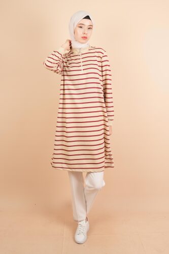 Yarım Fermuarlı Sweat Uzun Tesettür Çizgili Sweat Bordo - 03Kız Kulesi Teks