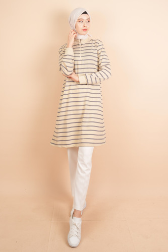 Yarım Fermuarlı Sweat Uzun Tesettür Çizgili Sweat Gri - 03Kız Kulesi Teks