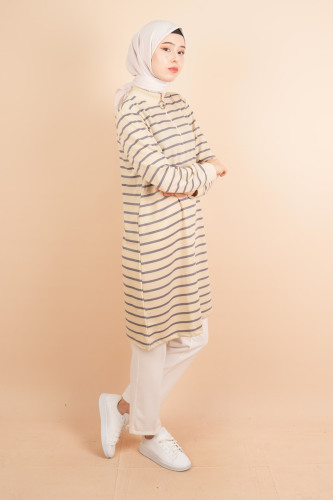 Yarım Fermuarlı Sweat Uzun Tesettür Çizgili Sweat Gri - 03Kız Kulesi Teks (1)