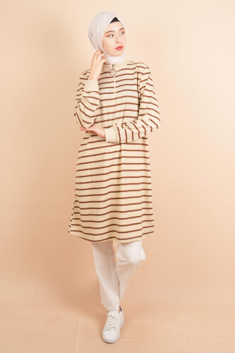 Yarım Fermuarlı Sweat Uzun Tesettür Çizgili Sweat Koyu Kahve 