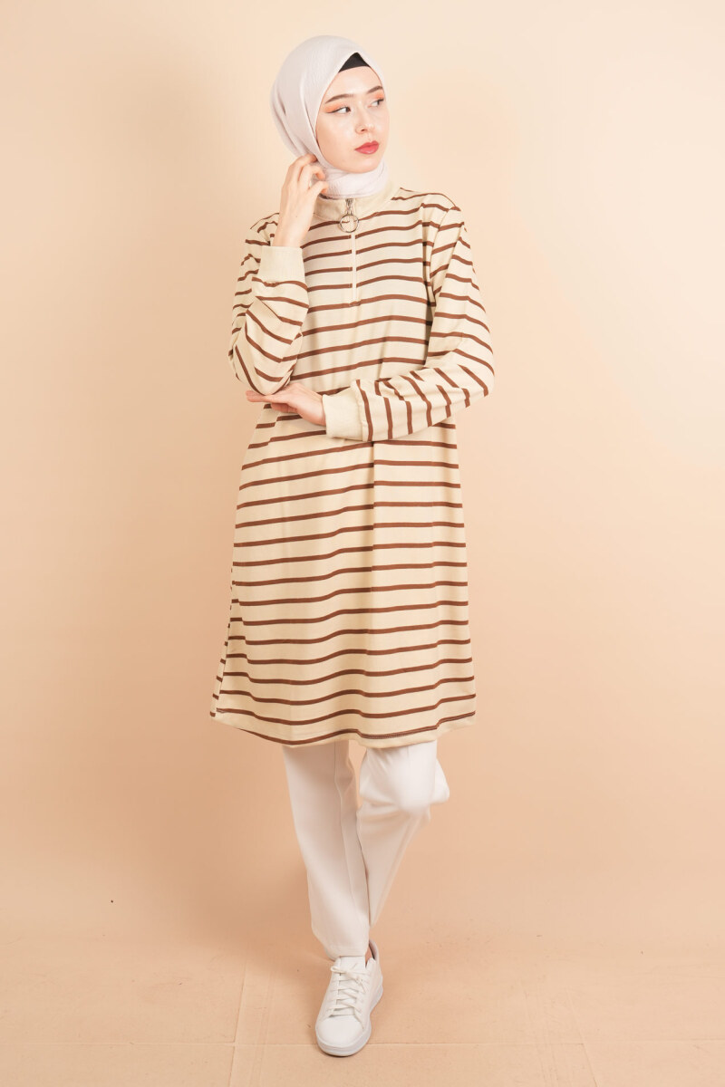 Yarım Fermuarlı Sweat Uzun Tesettür Çizgili Sweat Koyu Kahve - 1
