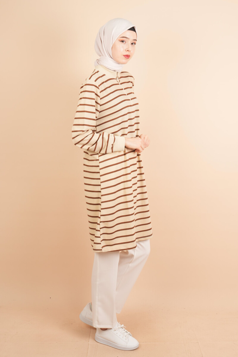 Yarım Fermuarlı Sweat Uzun Tesettür Çizgili Sweat Koyu Kahve - 2