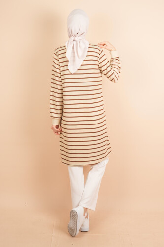 Yarım Fermuarlı Sweat Uzun Tesettür Çizgili Sweat Koyu Kahve - 3