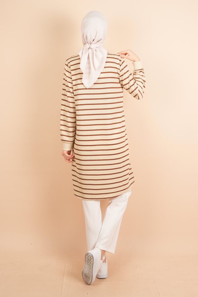 Yarım Fermuarlı Sweat Uzun Tesettür Çizgili Sweat Koyu Kahve - 3