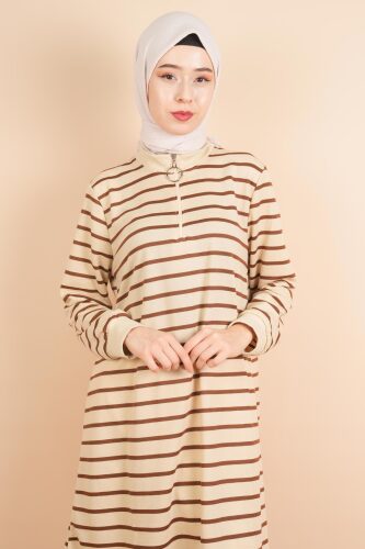 Yarım Fermuarlı Sweat Uzun Tesettür Çizgili Sweat Koyu Kahve - 4