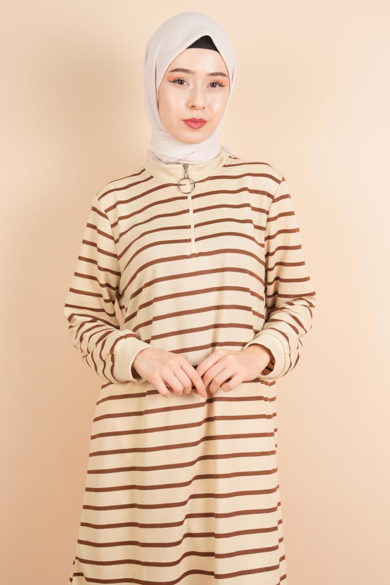 Yarım Fermuarlı Sweat Uzun Tesettür Çizgili Sweat Koyu Kahve - 4