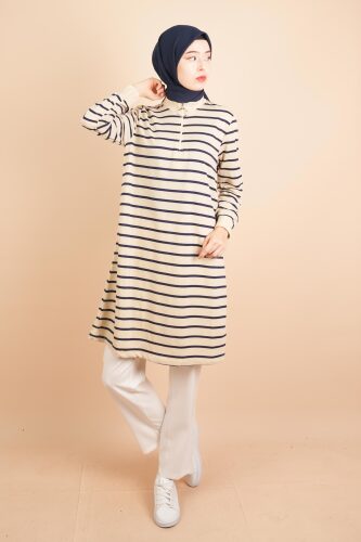 Yarım Fermuarlı Sweat Uzun Tesettür Çizgili Sweat Lacivert - 03Kız Kulesi Teks