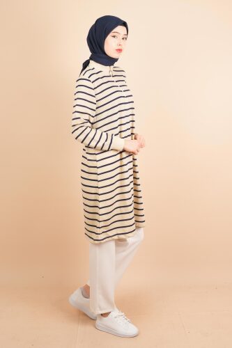 Yarım Fermuarlı Sweat Uzun Tesettür Çizgili Sweat Lacivert - 03Kız Kulesi Teks (1)