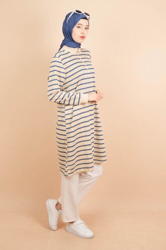 Yarım Fermuarlı Sweat Uzun Tesettür Çizgili Sweat Mavi - 03Kız Kulesi Teks (1)