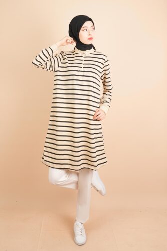 Yarım Fermuarlı Sweat Uzun Tesettür Çizgili Sweat Siyah - 03Kız Kulesi Teks