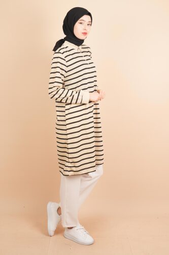 Yarım Fermuarlı Sweat Uzun Tesettür Çizgili Sweat Siyah - 03Kız Kulesi Teks (1)