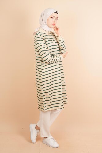 Yarım Fermuarlı Sweat Uzun Tesettür Çizgili Sweat Yeşil - 03Kız Kulesi Teks (1)