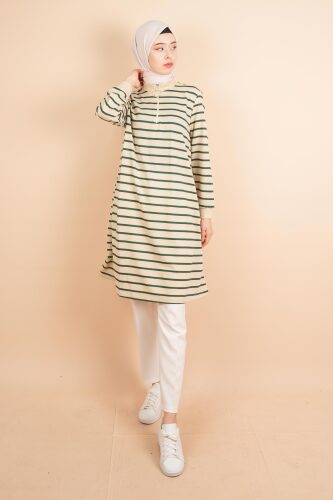 Yarım Fermuarlı Sweat Uzun Tesettür Çizgili Sweat Yeşil - 03Kız Kulesi Teks