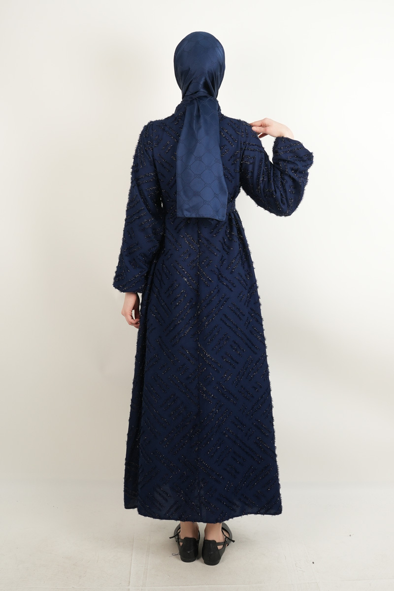 Yeni Çıkan Abiye Model Ful Sim Kırçıllı Krep Abiye Lacivert - 3