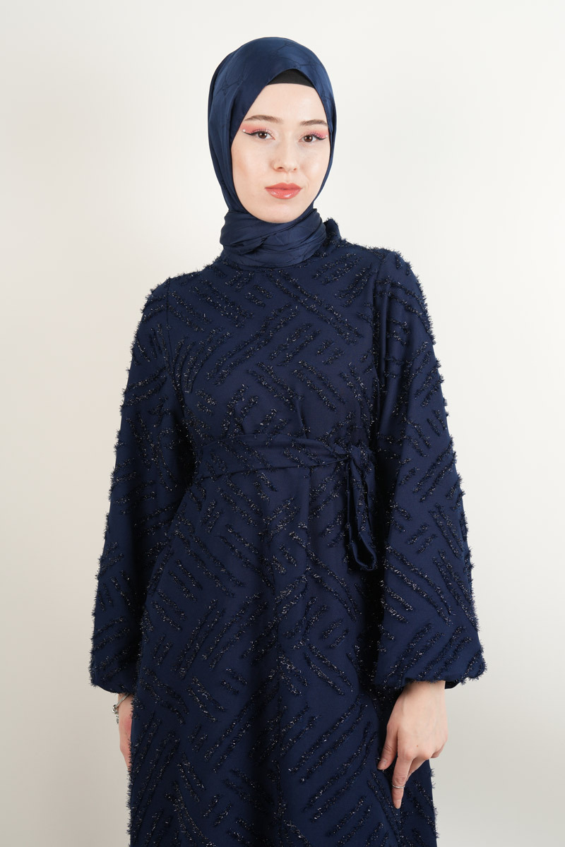 Yeni Çıkan Abiye Model Ful Sim Kırçıllı Krep Abiye Lacivert - 4