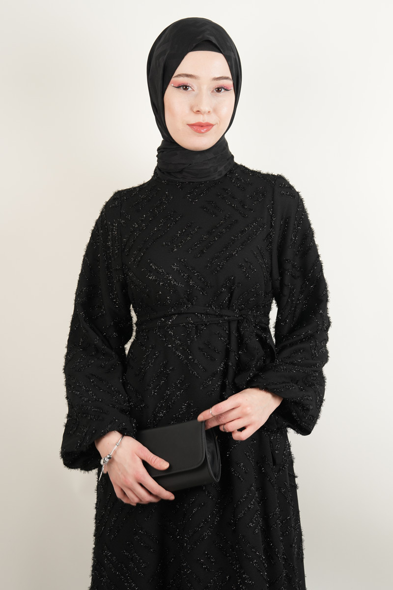 Yeni Çıkan Abiye Model Ful Sim Kırçıllı Krep Abiye Siyah - 4