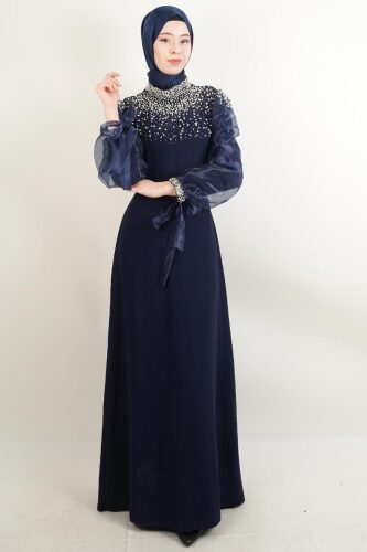 Yeni Çıkan Abiye Model İnci Detaylı Kol Tül Krep Abiye lacivert - 03Kız Kulesi Teks
