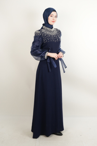 Yeni Çıkan Abiye Model İnci Detaylı Kol Tül Krep Abiye lacivert - 03Kız Kulesi Teks (1)