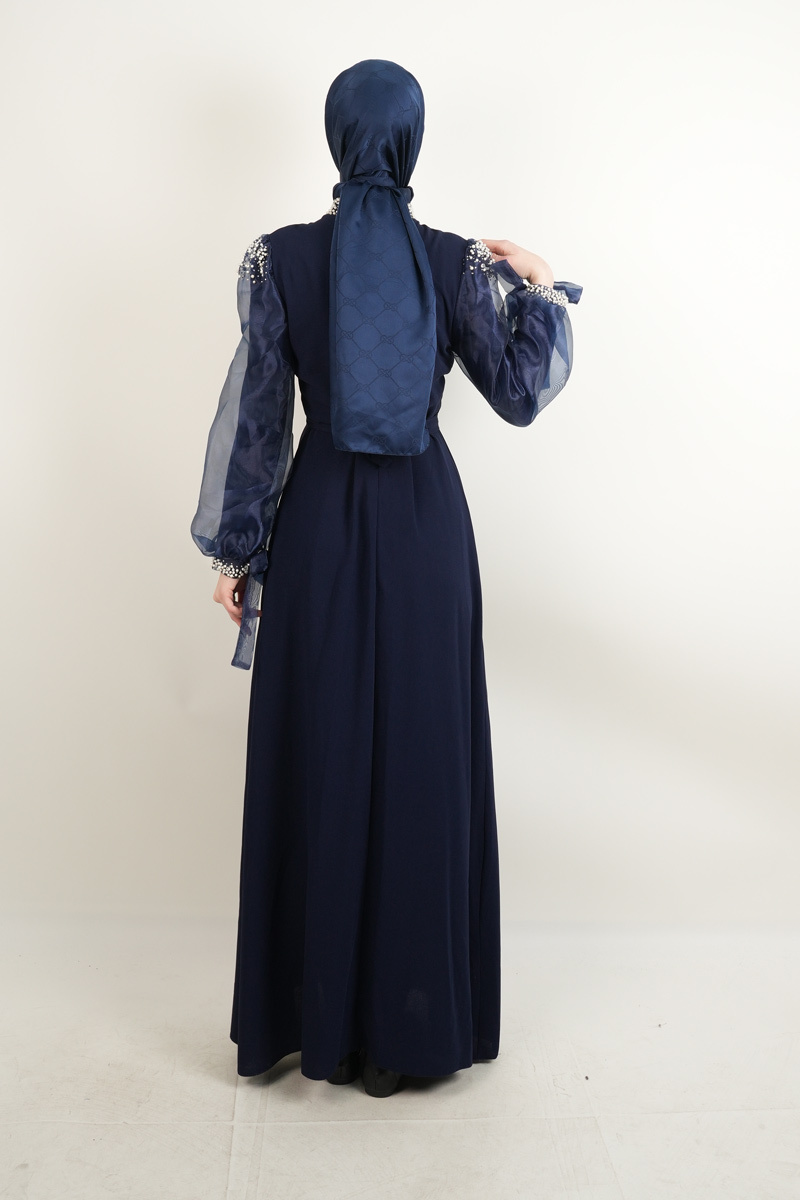 Yeni Çıkan Abiye Model İnci Detaylı Kol Tül Krep Abiye lacivert - 3