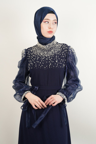 Yeni Çıkan Abiye Model İnci Detaylı Kol Tül Krep Abiye lacivert - 4
