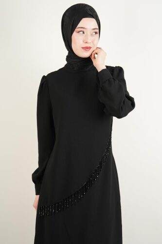 Yeni Çıkan Abiye Model Krep Ön Çapraz Boncuk Abiye Siyah - 2