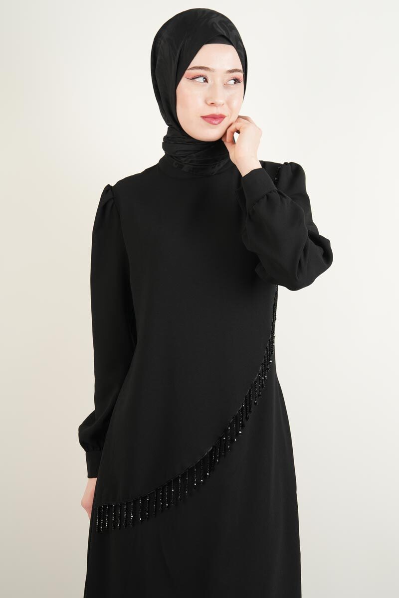 Yeni Çıkan Abiye Model Krep Ön Çapraz Boncuk Abiye Siyah - 2