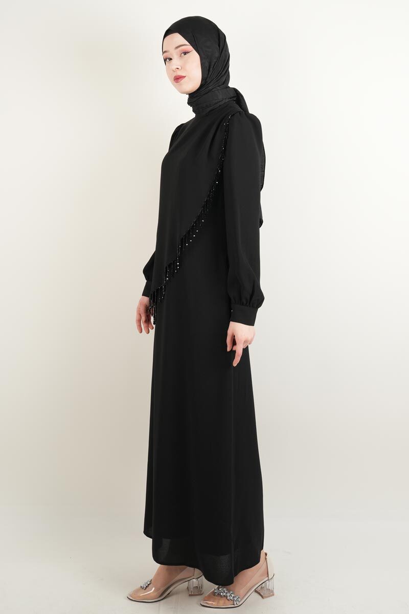 Yeni Çıkan Abiye Model Krep Ön Çapraz Boncuk Abiye Siyah - 3
