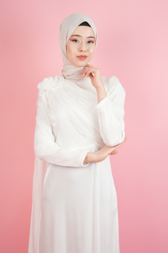 Yeni Çıkan Abiye Model Ön Çapraz Drapeli Kuyruklu Abiye Beyaz - 3