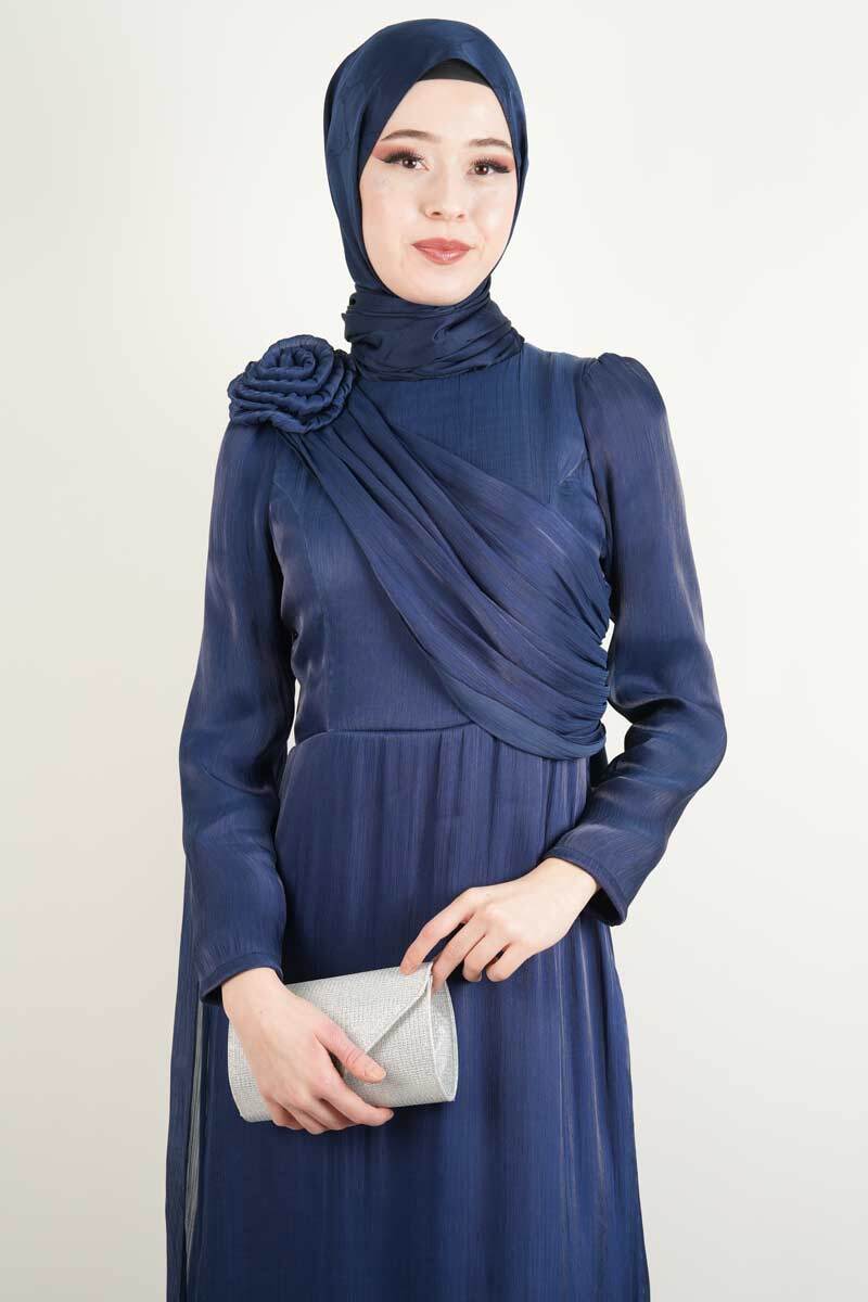Yeni Çıkan Abiye Model Ön Çapraz Drapeli Kuyruklu Abiye lacivert - 2